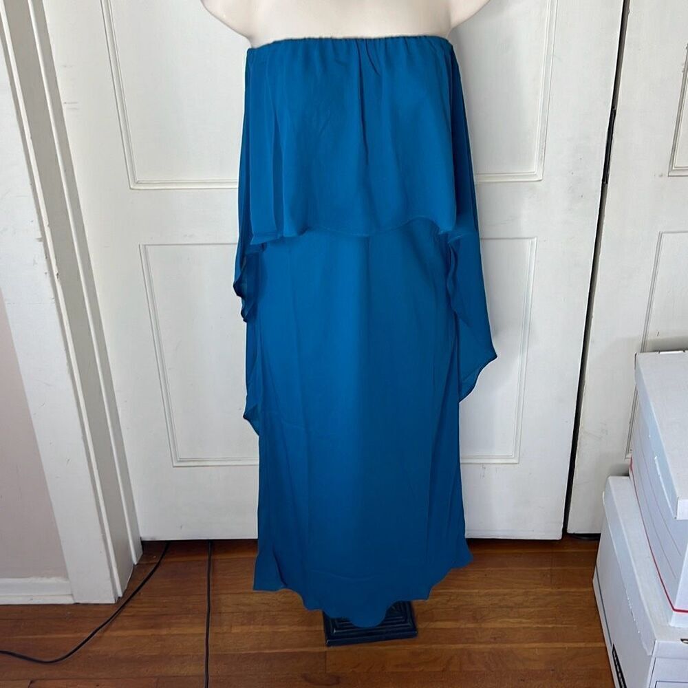 Krisa Strapless Ruffle Layer Dress Cape Back Teal Blue NWT Size XSmall